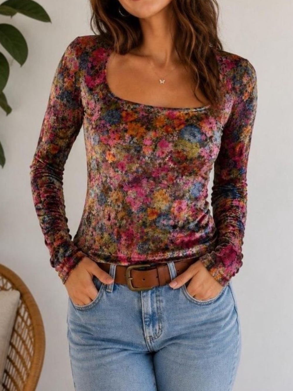 Natural Life Top Shirt Danielle Crushed Velvet  boho retro romantic vibes Large